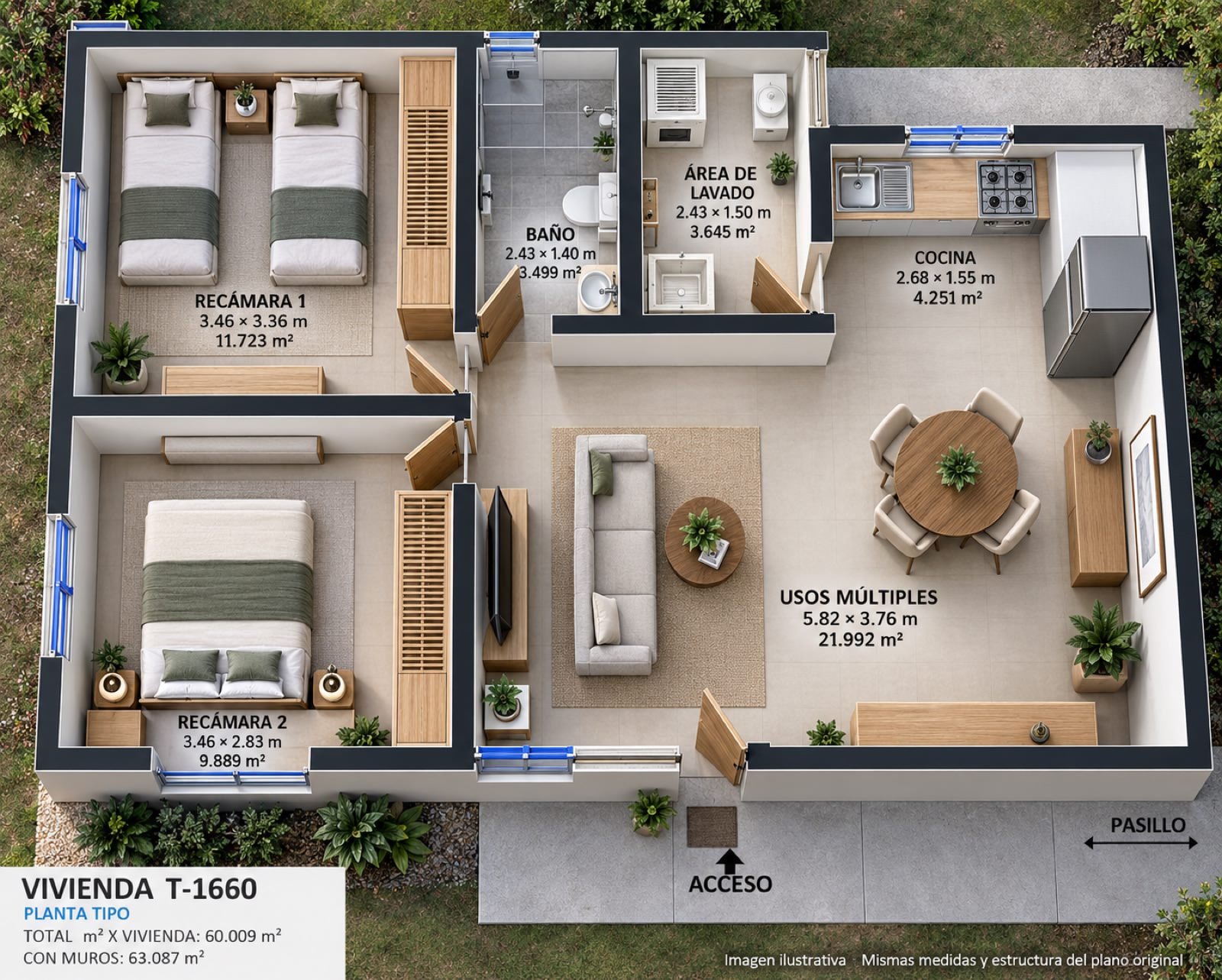 Render 3D en vista de planta del Modelo Aura Mar, mostrando la distribución de recámaras, baño, área de lavado, cocina y área de usos múltiples